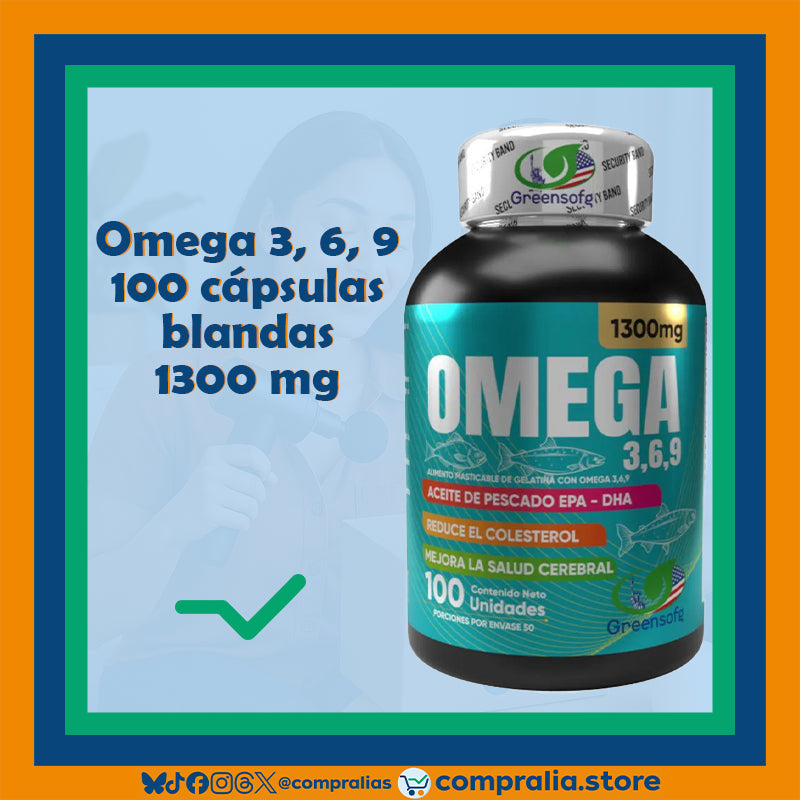 Frasco de Omega 3, 6, 9 con 100 cápsulas blandas de 1300 mg, con envase transparente y tapa de seguridad. Suplemento natural pensado para adultos que buscan nutrición equilibrada, energía y apoyo a su bienestar integral.