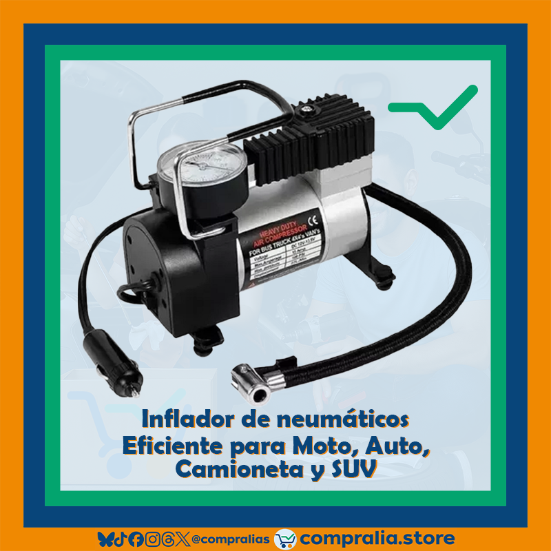 Inflador Eléctrico de Neumáticos 12V Portátil | Alta Presión 100 PSI, Flujo Rápido 35L/min | Silencioso y Eficiente para Moto, Auto, Camioneta y SUV