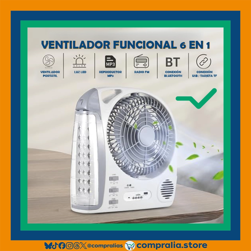 Ventilador recargable multifuncional de 8 pulgadas con luz LED integrada, radio FM, conexión Bluetooth y batería de larga duración. Incluye panel solar de 6W para recarga autónoma. Diseño compacto, portátil y práctico para uso en interiores, camping, apagones o actividades al aire libre. Color neutro, estructura resistente y múltiples funciones en un solo dispositivo. Perfecto para climas cálidos o zonas sin acceso estable a energía eléctrica.