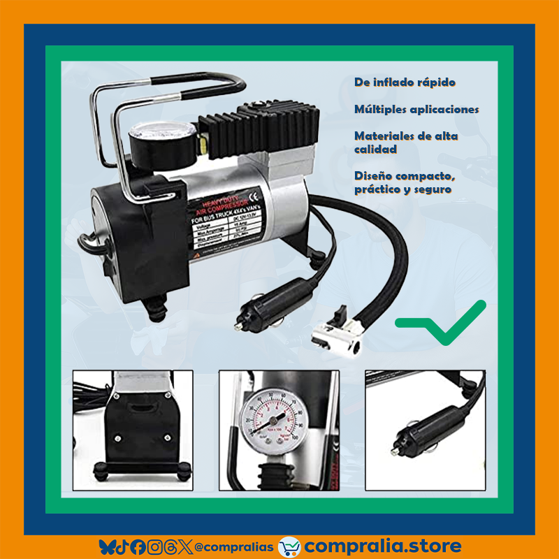 Inflador Eléctrico de Neumáticos 12V Portátil | Alta Presión 100 PSI, Flujo Rápido 35L/min | Silencioso y Eficiente para Moto, Auto, Camioneta y SUV