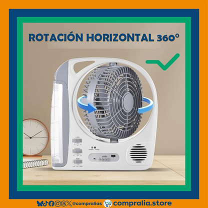 Ventilador recargable multifuncional de 8 pulgadas con luz LED integrada, radio FM, conexión Bluetooth y batería de larga duración. Incluye panel solar de 6W para recarga autónoma. Diseño compacto, portátil y práctico para uso en interiores, camping, apagones o actividades al aire libre. Color neutro, estructura resistente y múltiples funciones en un solo dispositivo. Perfecto para climas cálidos o zonas sin acceso estable a energía eléctrica.