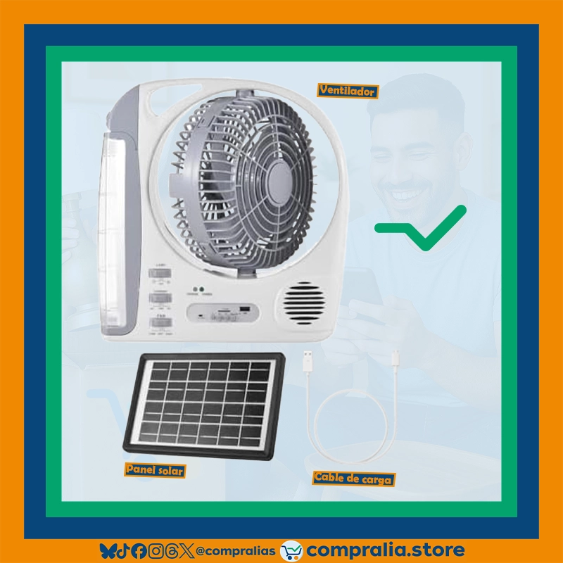 Ventilador recargable multifuncional de 8 pulgadas con luz LED integrada, radio FM, conexión Bluetooth y batería de larga duración. Incluye panel solar de 6W para recarga autónoma. Diseño compacto, portátil y práctico para uso en interiores, camping, apagones o actividades al aire libre. Color neutro, estructura resistente y múltiples funciones en un solo dispositivo. Perfecto para climas cálidos o zonas sin acceso estable a energía eléctrica.