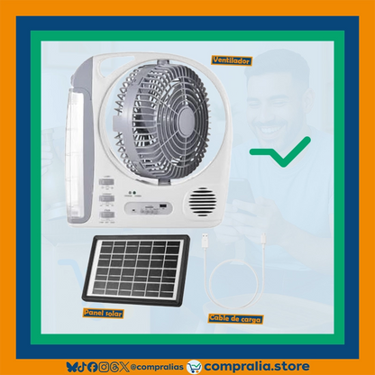 Ventilador recargable multifuncional de 8 pulgadas con luz LED integrada, radio FM, conexión Bluetooth y batería de larga duración. Incluye panel solar de 6W para recarga autónoma. Diseño compacto, portátil y práctico para uso en interiores, camping, apagones o actividades al aire libre. Color neutro, estructura resistente y múltiples funciones en un solo dispositivo. Perfecto para climas cálidos o zonas sin acceso estable a energía eléctrica.