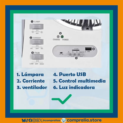 Ventilador recargable multifuncional de 8 pulgadas con luz LED integrada, radio FM, conexión Bluetooth y batería de larga duración. Incluye panel solar de 6W para recarga autónoma. Diseño compacto, portátil y práctico para uso en interiores, camping, apagones o actividades al aire libre. Color neutro, estructura resistente y múltiples funciones en un solo dispositivo. Perfecto para climas cálidos o zonas sin acceso estable a energía eléctrica.