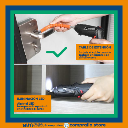 Destornillador Inalámbrico 47 en 1 | Herramienta Recargable 3.6V | Mango Ajustable | Luz LED | Accesorios Incluidos