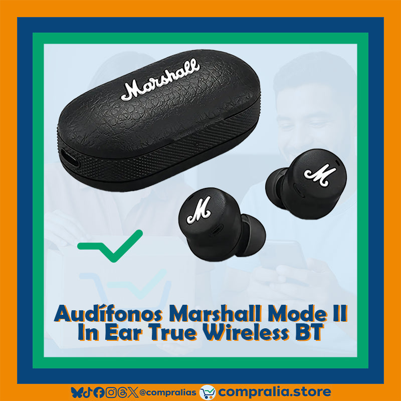 Auriculares inalámbricos Marshall Mode II en color negro con diseño elegante y compacto. Incluyen estuche portátil con carga rápida y conectividad Bluetooth 5.1 para una experiencia de sonido premium. Ideales para escuchar música, trabajar o viajar con estilo y comodidad.