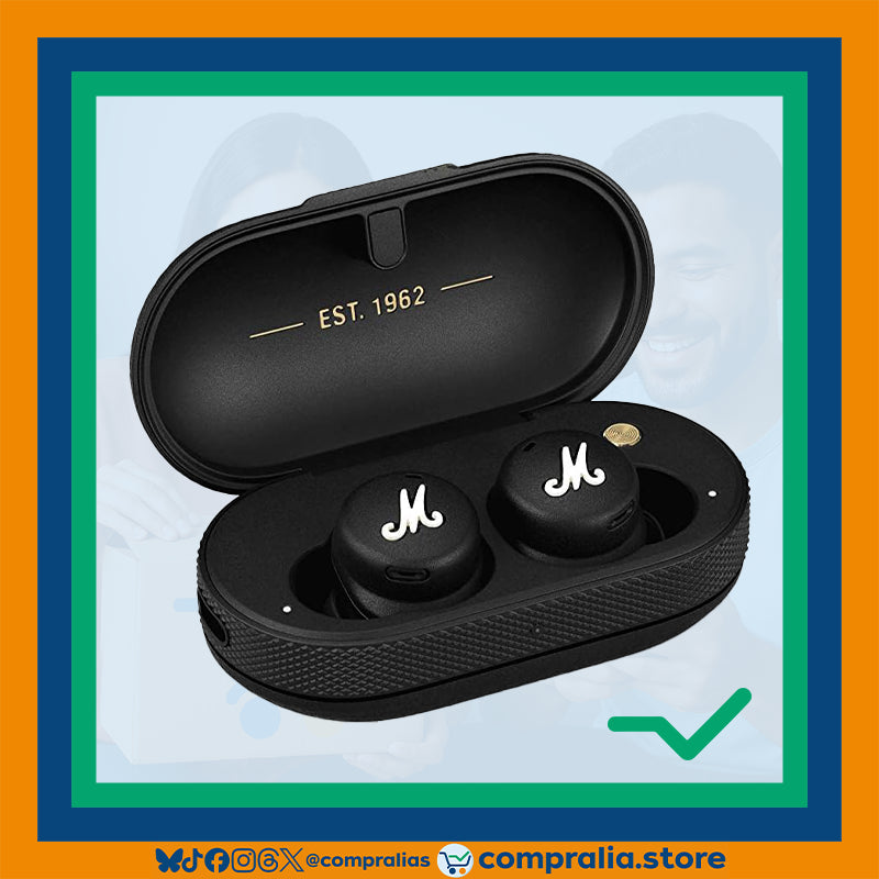 Auriculares inalámbricos Marshall Mode II en color negro con diseño elegante y compacto. Incluyen estuche portátil con carga rápida y conectividad Bluetooth 5.1 para una experiencia de sonido premium. Ideales para escuchar música, trabajar o viajar con estilo y comodidad.