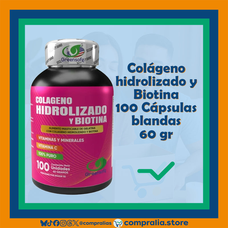Frasco de Colágeno Hidrolizado y Biotina en cápsulas blandas de 60 g, con tapa de seguridad. Suplemento natural pensado para rutinas de bienestar y cuidado personal, ideal para quienes buscan vitalidad y soporte en su día a día.