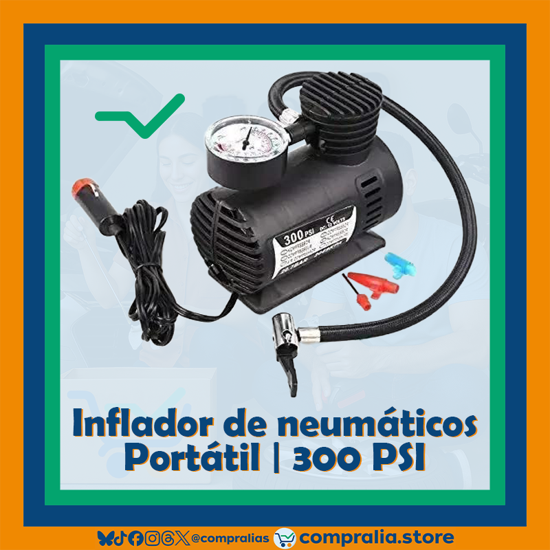 Inflador eléctrico portátil de 300 PSI para neumáticos de carro, moto o bicicleta. Compacto y resistente, con cable de conexión 12V y boquillas universales. Ideal para emergencias en carretera o uso doméstico. Diseño negro con detalles ergonómicos. Fácil de transportar y almacenar.