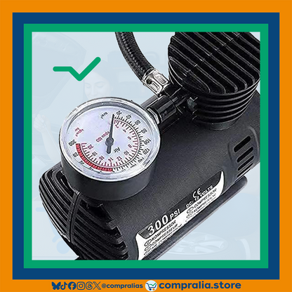 Inflador eléctrico portátil de 300 PSI para neumáticos de carro, moto o bicicleta. Compacto y resistente, con cable de conexión 12V y boquillas universales. Ideal para emergencias en carretera o uso doméstico. Diseño negro con detalles ergonómicos. Fácil de transportar y almacenar.
