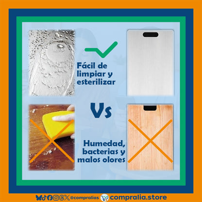 Tabla de corte en acero inoxidable de grado alimenticio, con acabado brillante y manija superior para colgar. Superficie amplia, resistente y fácil de limpiar, ideal para cortar carnes, frutas y vegetales en cocinas modernas. Accesorio duradero e higiénico que combina practicidad y estilo para el hogar